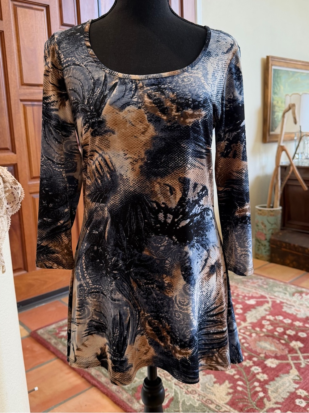 Libra Multicolor Abstract Design Scoop Neck 3/4 Sleeve Women’s Tunic Top Small